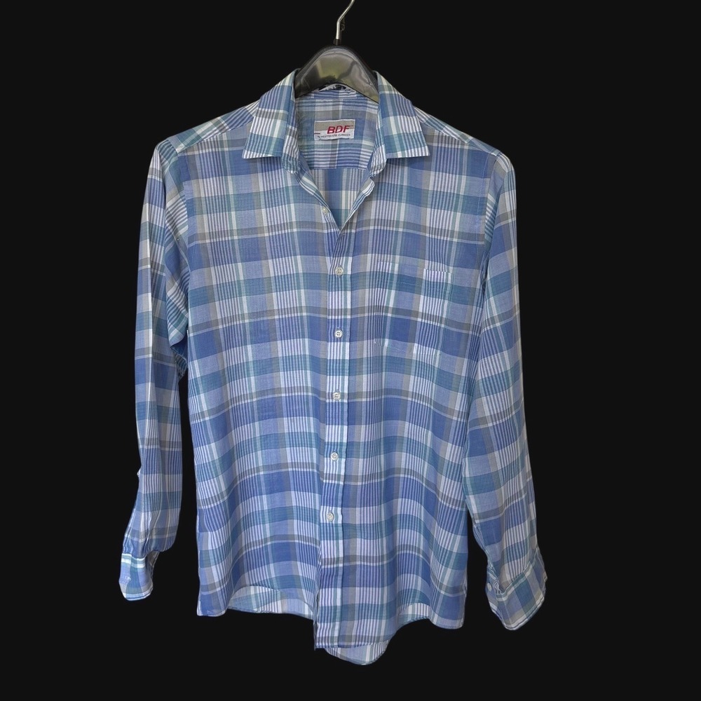 70's BDF Westchester Classics Blue Plaid Long Sleeve Button Up Shirt L Sheer